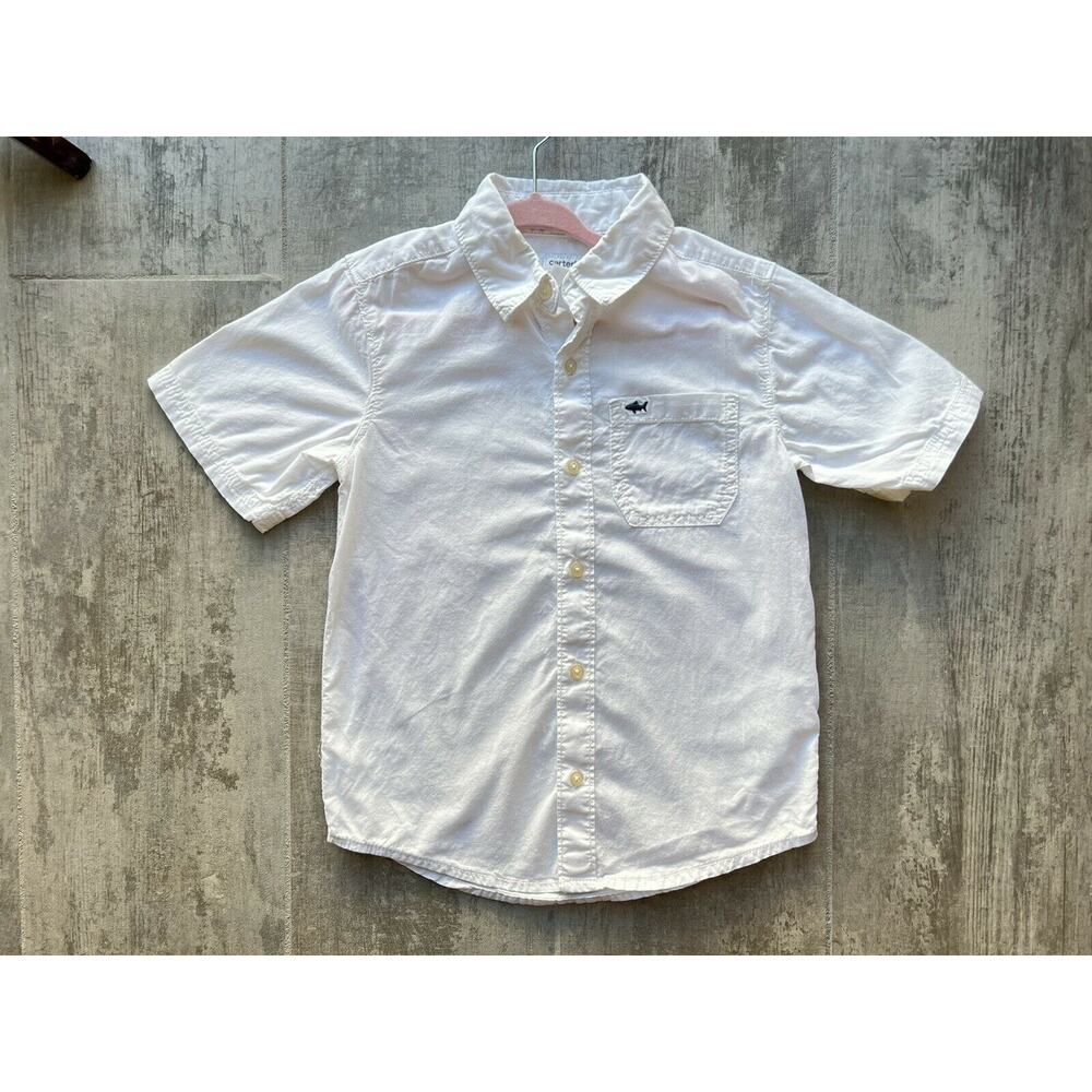 White Button Up Collared Short Sleeve Oxford Shirt Dressy Formal Boys SZ 6 Shark